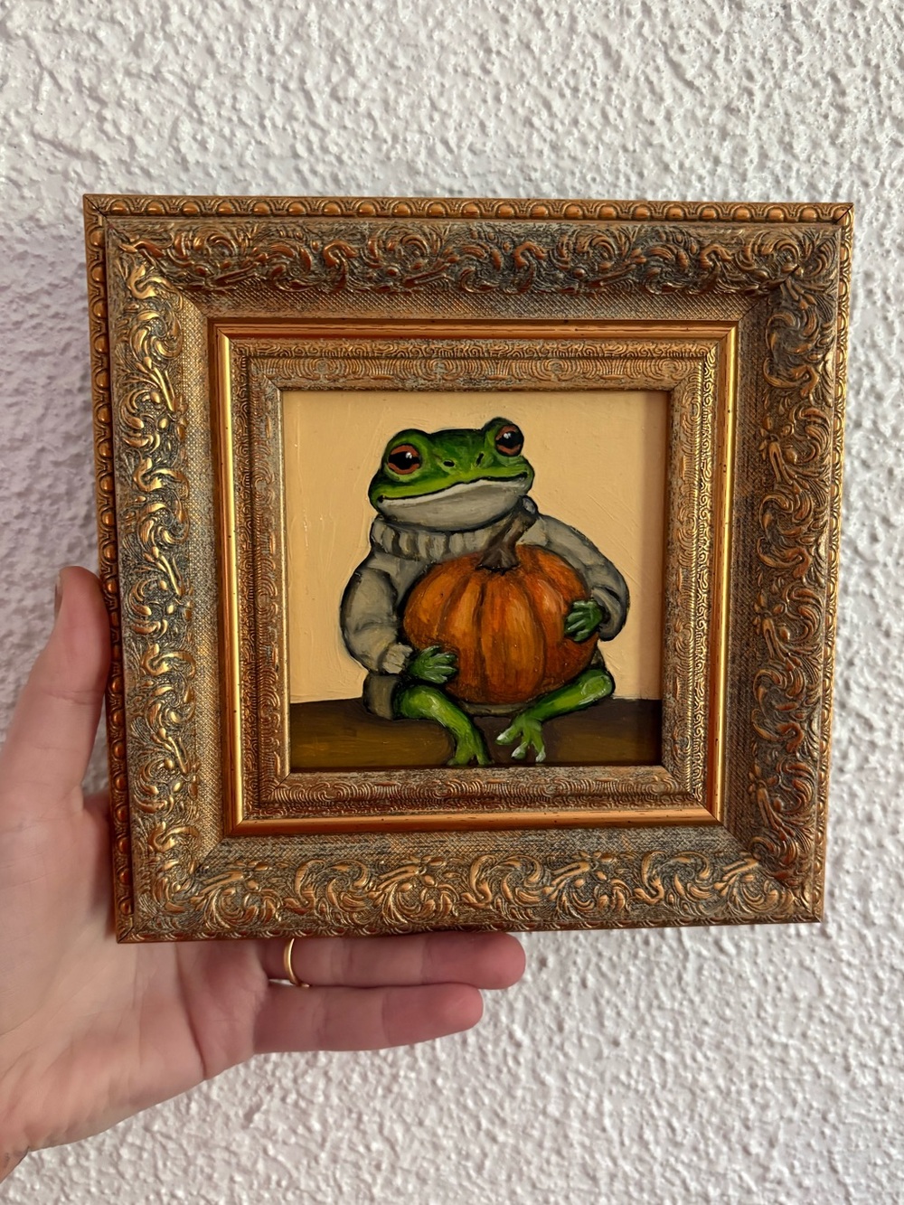 "Autumn Frog” Original oil painting on wood board mini framed 4x4"